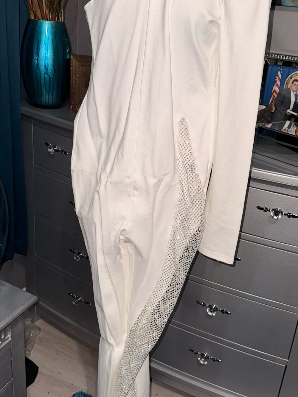 Fashion Nova White Long Sleeve Jumpsuit with Rhinestone Side Detail